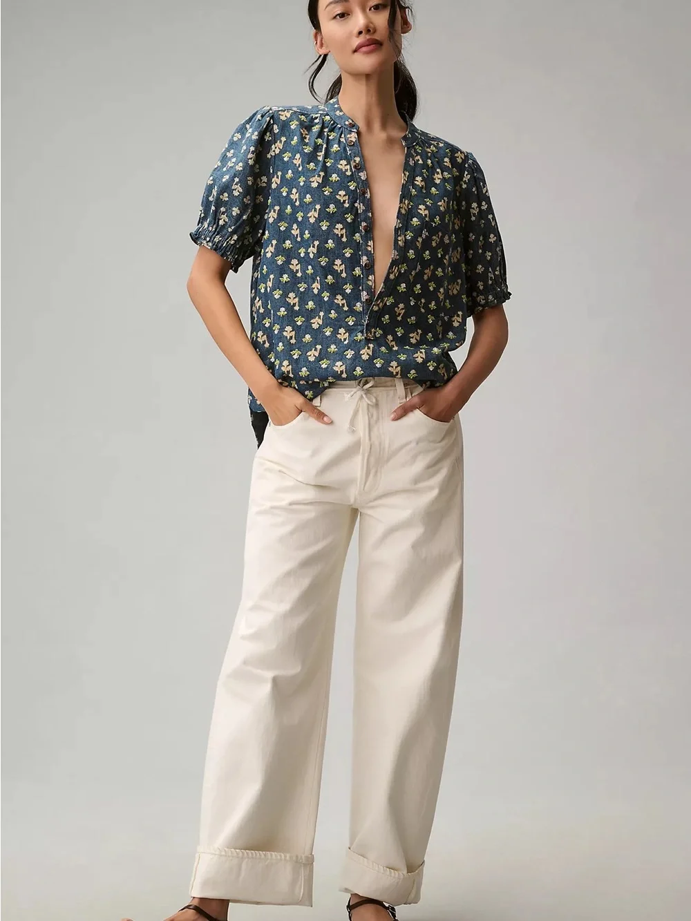 Pilcro Anthropologie Aly Puff Sleeve Embroidered Blouse Blue Floral XS